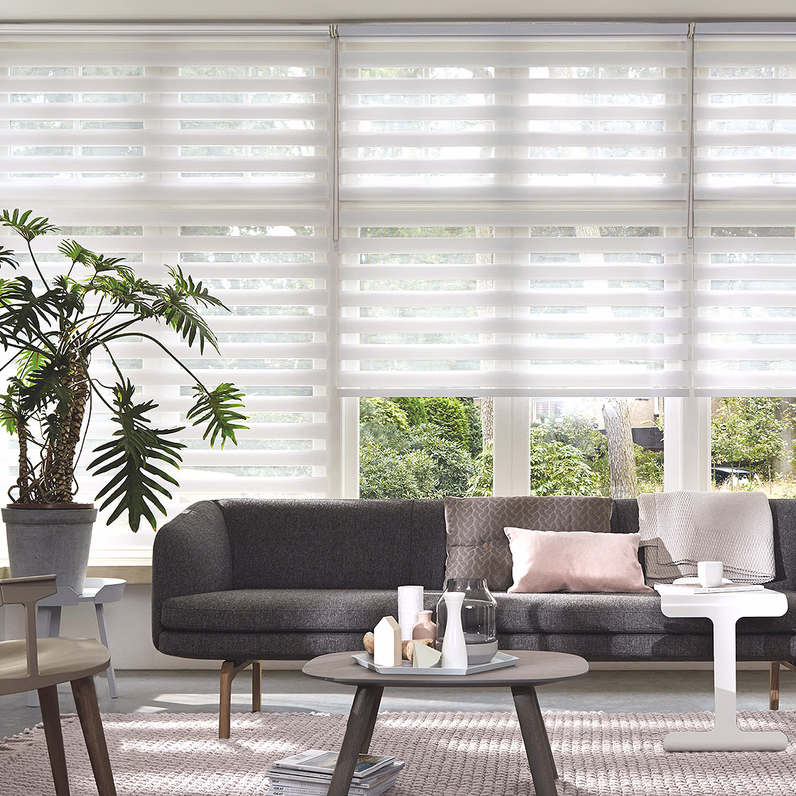 Living room in Hammock Preserve on Palmer Ranch, Sarasota, with zebra shades and plantation shutters by Sarasota Window Blinds