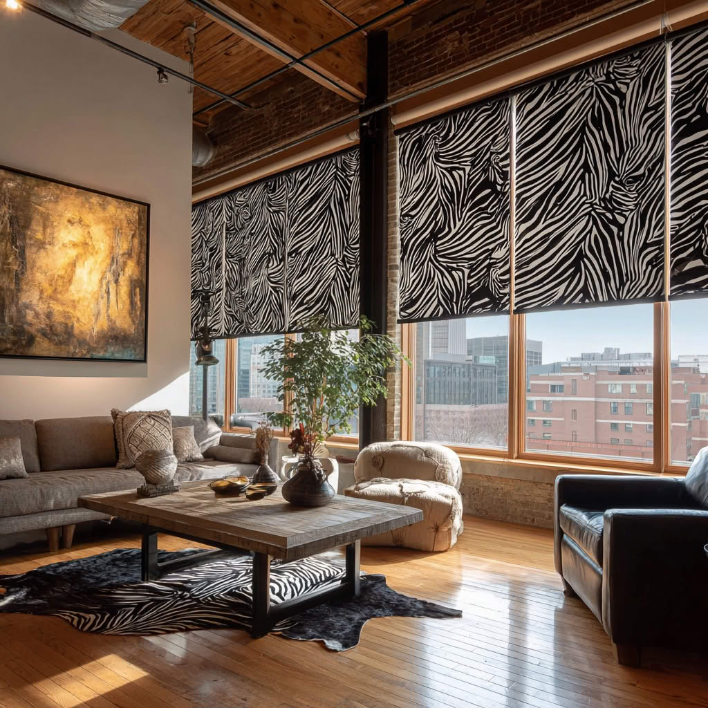 Zebra sheer shades filtering light in a modern home office.