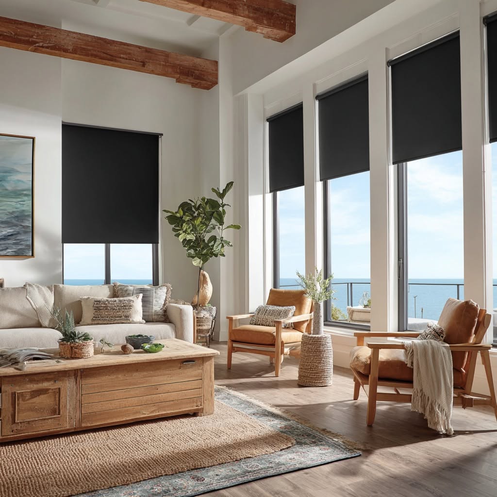 Elegant Sarasota great room with layered custom window treatments