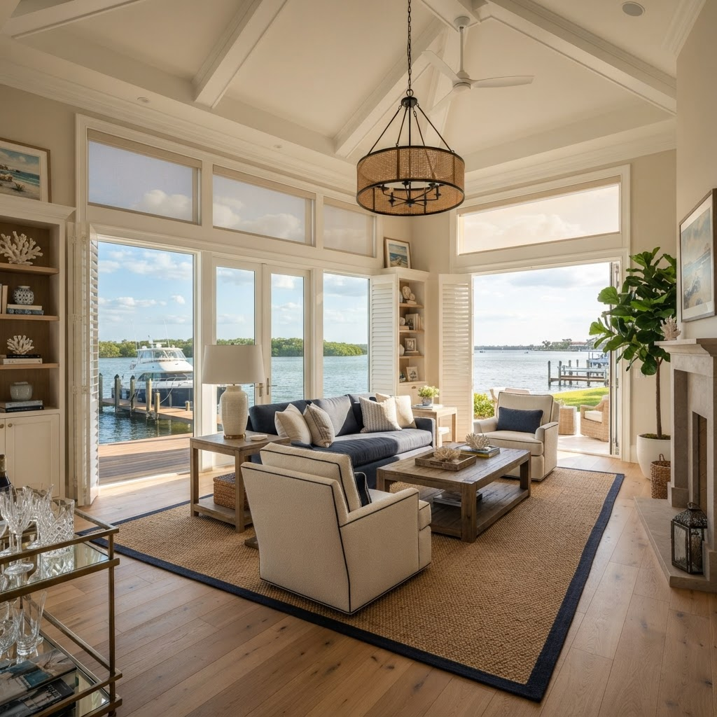 Bayfront single-family estate living room in the gated Queens Harbour enclave of Bay Isles on Longboat Key, overlooking Sarasota Bay and a private dock, dressed in plantation shutters and solar roller shades
