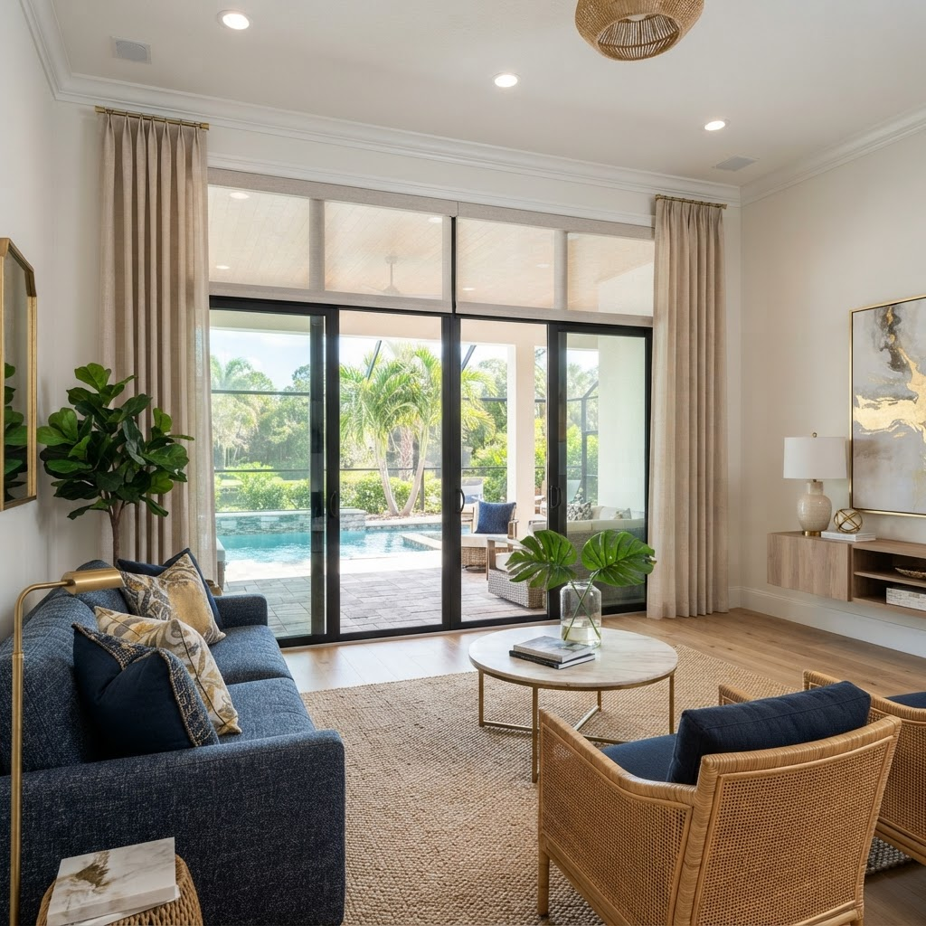 Wide sliding glass doors dressed with layered roller shades and floor-length drapery