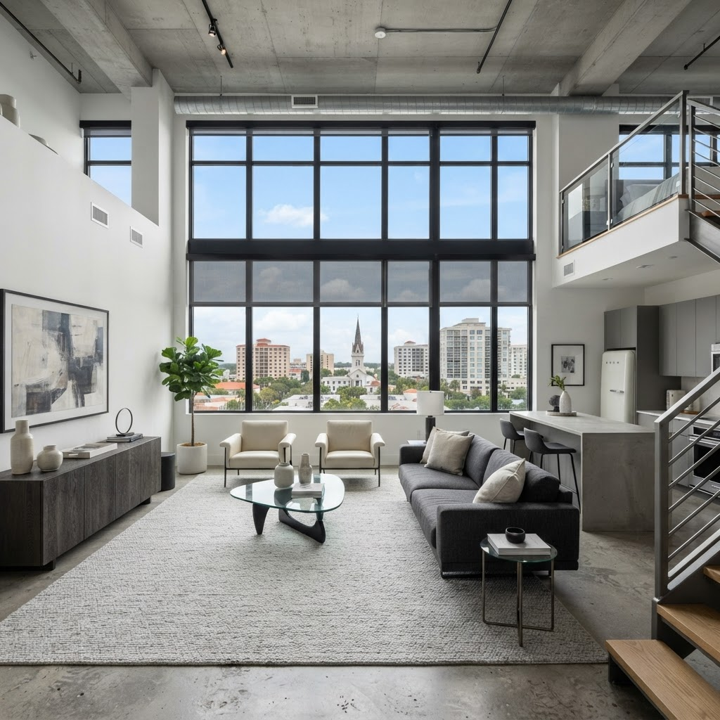 Modern loft-style condominium in Sarasota’s Rosemary District with large industrial-style windows and downtown views, dressed in sleek motorized roller shades