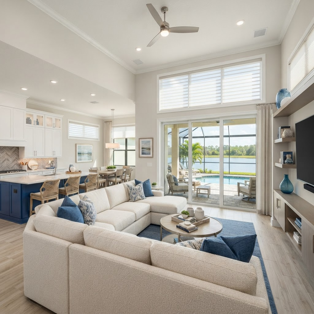 Bright open-concept family living room in a gated Sapphire Point home in Lakewood Ranch with a slider to a lanai overlooking a lake, dressed in cordless cellular shades and motorized roller shades