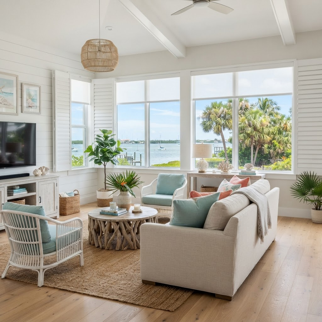 Bright coastal living room in the Sapphire Shores and Indian Beach area of Sarasota with glimpses of the bay and palms, dressed in white shutters and solar roller shades