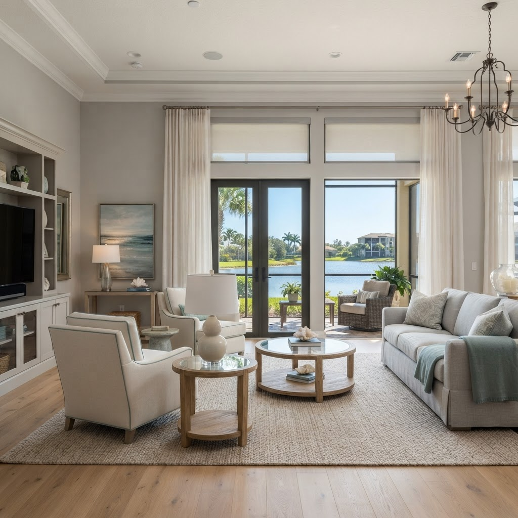 Gated condominium living room in Serenade on Palmer Ranch with tall windows and a glass door to a screened lanai overlooking a lake, dressed in motorized roller shades and a sheer layer