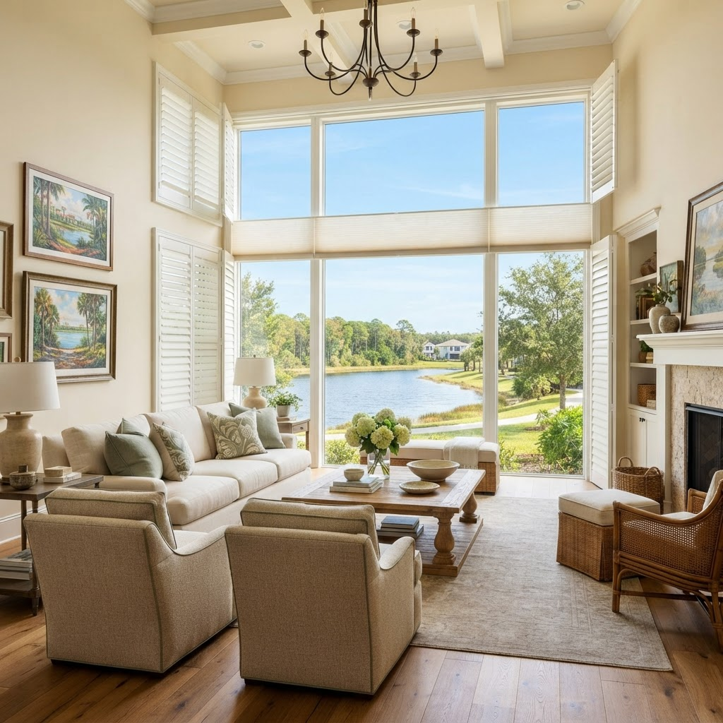 Living room in a gated large-lot home in the Serenity Creek community near the Braden River east of Lakewood Ranch, with big windows overlooking a lake and open green space, dressed in cordless cellular shades and plantation shutters