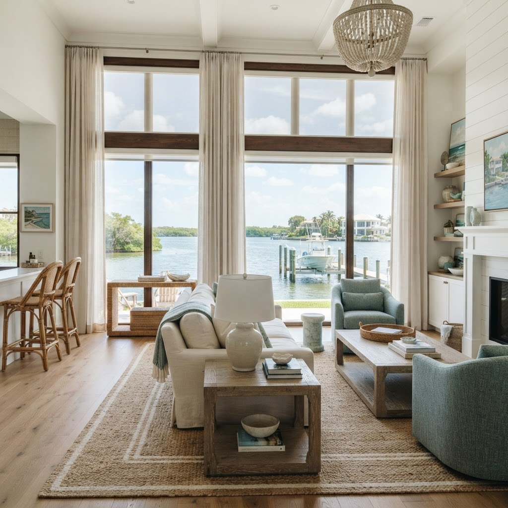 Waterfront estate living room in the Sleepy Lagoon neighborhood of Longboat Key overlooking a quiet lagoon and private dock, dressed in solar roller shades and soft sheer drapery