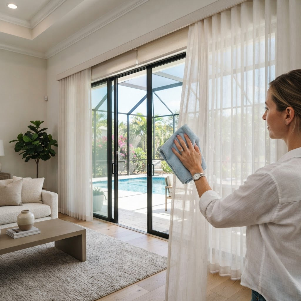 A hand dusting sheer vertical fabric vanes over wide sliding glass doors in a bright Florida living room