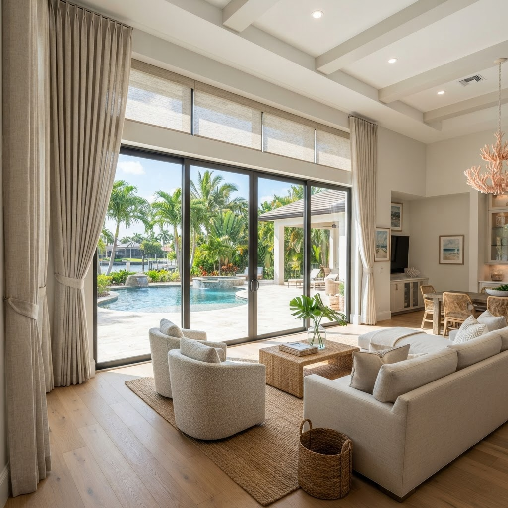 Bright Florida great room with a wide wall of sliding glass doors dressed in drapery and shades opening to a pool deck