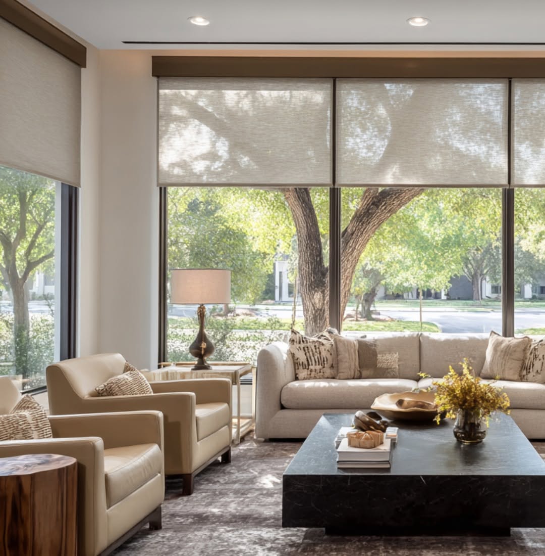 Elegant smart home interior with Lutron-controlled shades aligned across a wall of glass