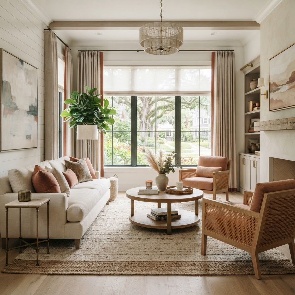 Updated transitional living room in a Southside Village home in Sarasota with large windows dressed in custom drapery and roller shades