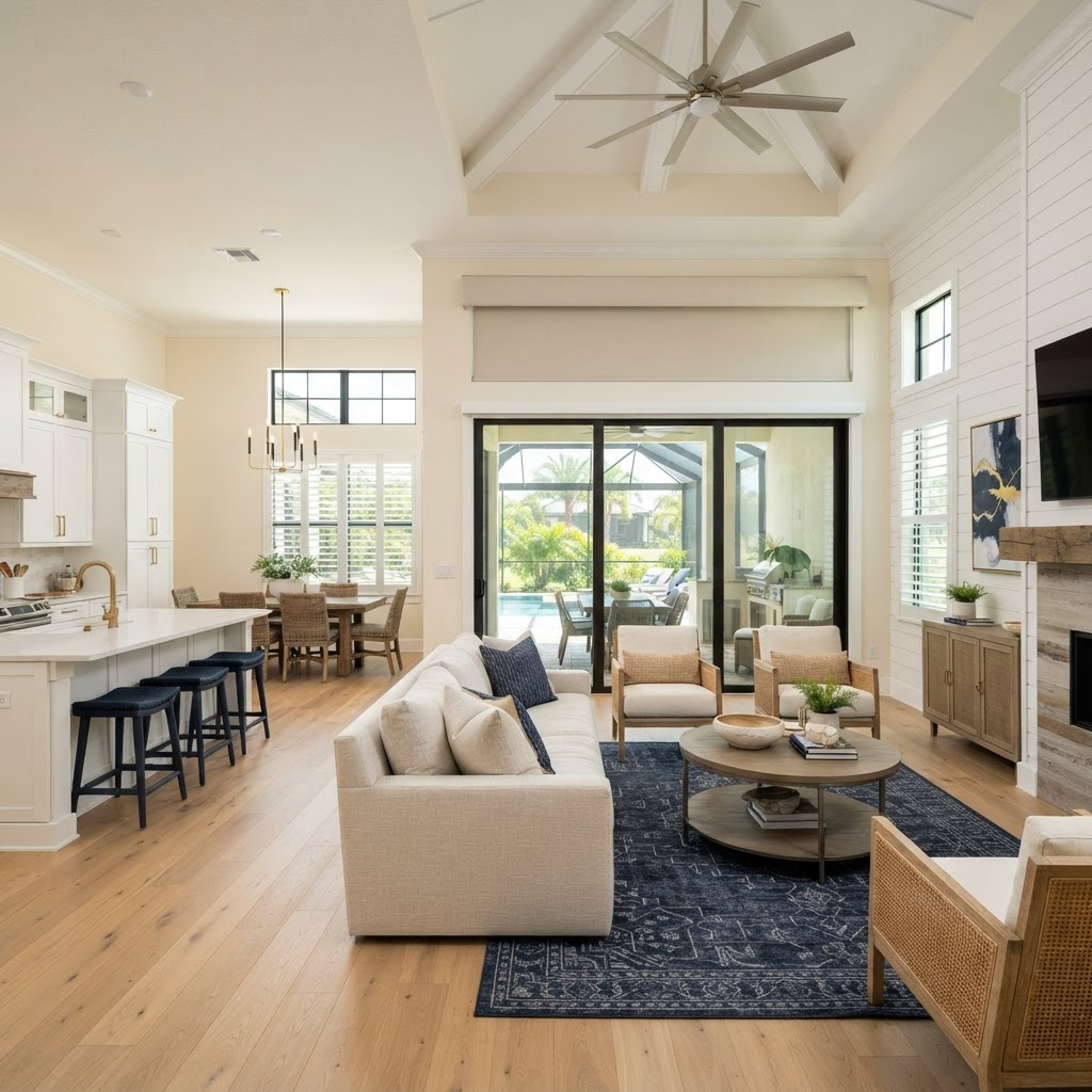 Tuscan-inspired Esplanade at Lakewood Ranch interior with arched windows, plantation shutters, and drapery