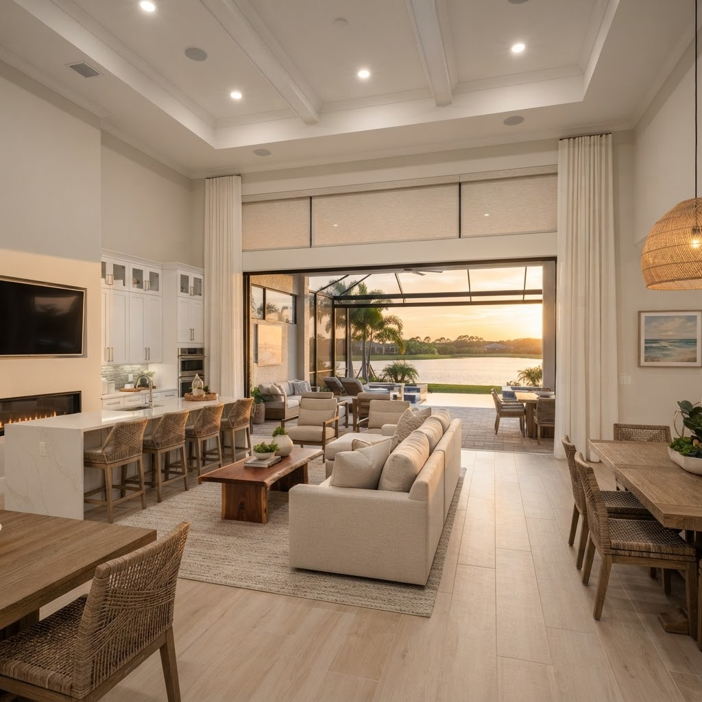 New-construction great room in Sunset Preserve on Palmer Ranch with tall pocketing sliders to a screened lanai overlooking a lake at golden hour, dressed in motorized roller shades and a sheer layer