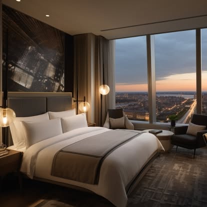 Sheer and drapery panels layered over floor-to-ceiling windows with a dusk city skyline view