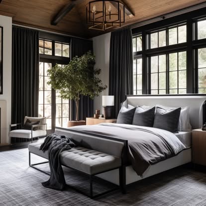 Floor-length black drapery panels framing tall windows in a moody, layered primary bedroom