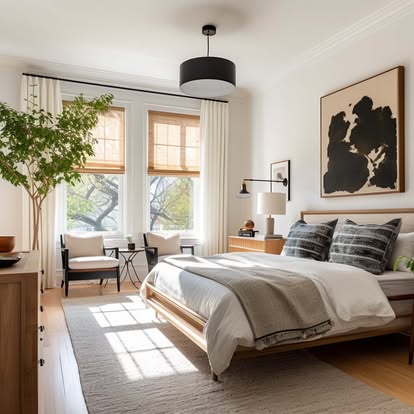 Serene bedroom with natural woven shades and white drapery framing tall windows — product style example