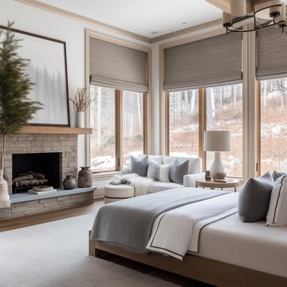 Gray woven Roman shades in a light primary bedroom with fireplace and snowy view beyond