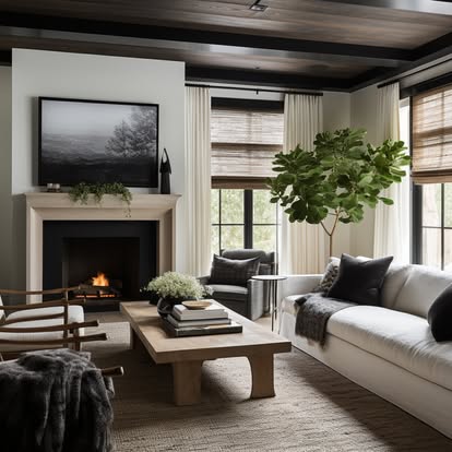 Natural woven Roman shades layered with white drapery in a neutral living room with fireplace