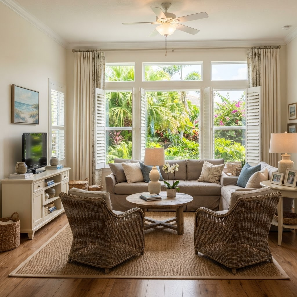 Sunlit living room in The Hamptons on Palmer Ranch with windows facing lush tropical landscaping, dressed in classic plantation shutters and a layered drapery panel
