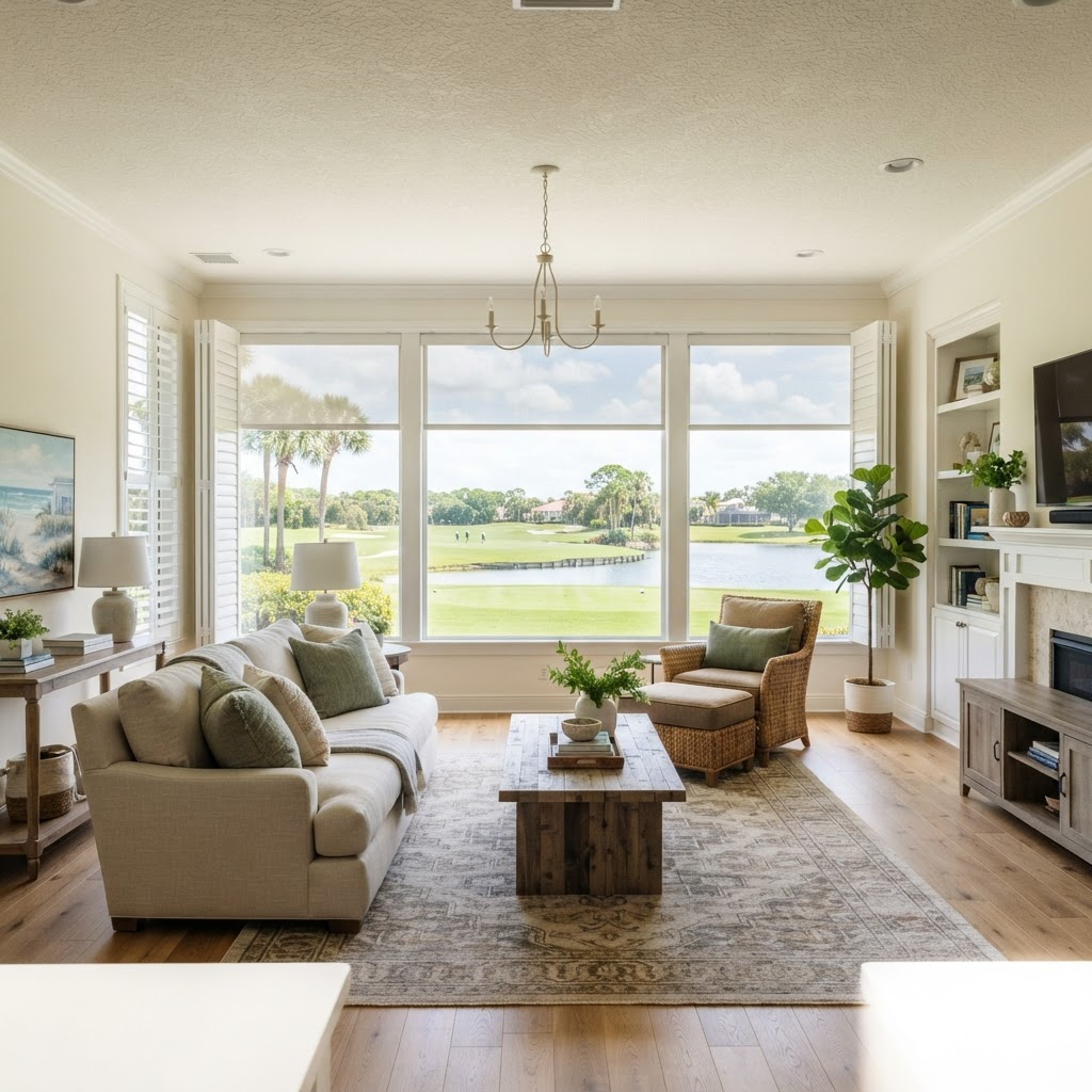 Golf-course home living room in The Meadows, Sarasota, with wide windows overlooking a fairway and lake, dressed in solar roller shades and plantation shutters