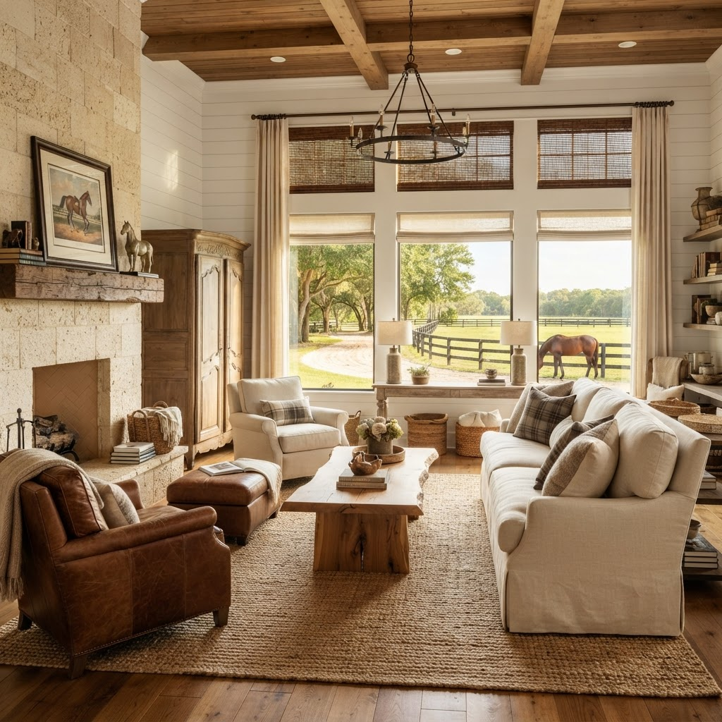 Living room in an equestrian acreage home in The Trails at Panther Ridge near Myakka City with wide windows overlooking private riding trails and paddocks, dressed in wood blinds and roller shades