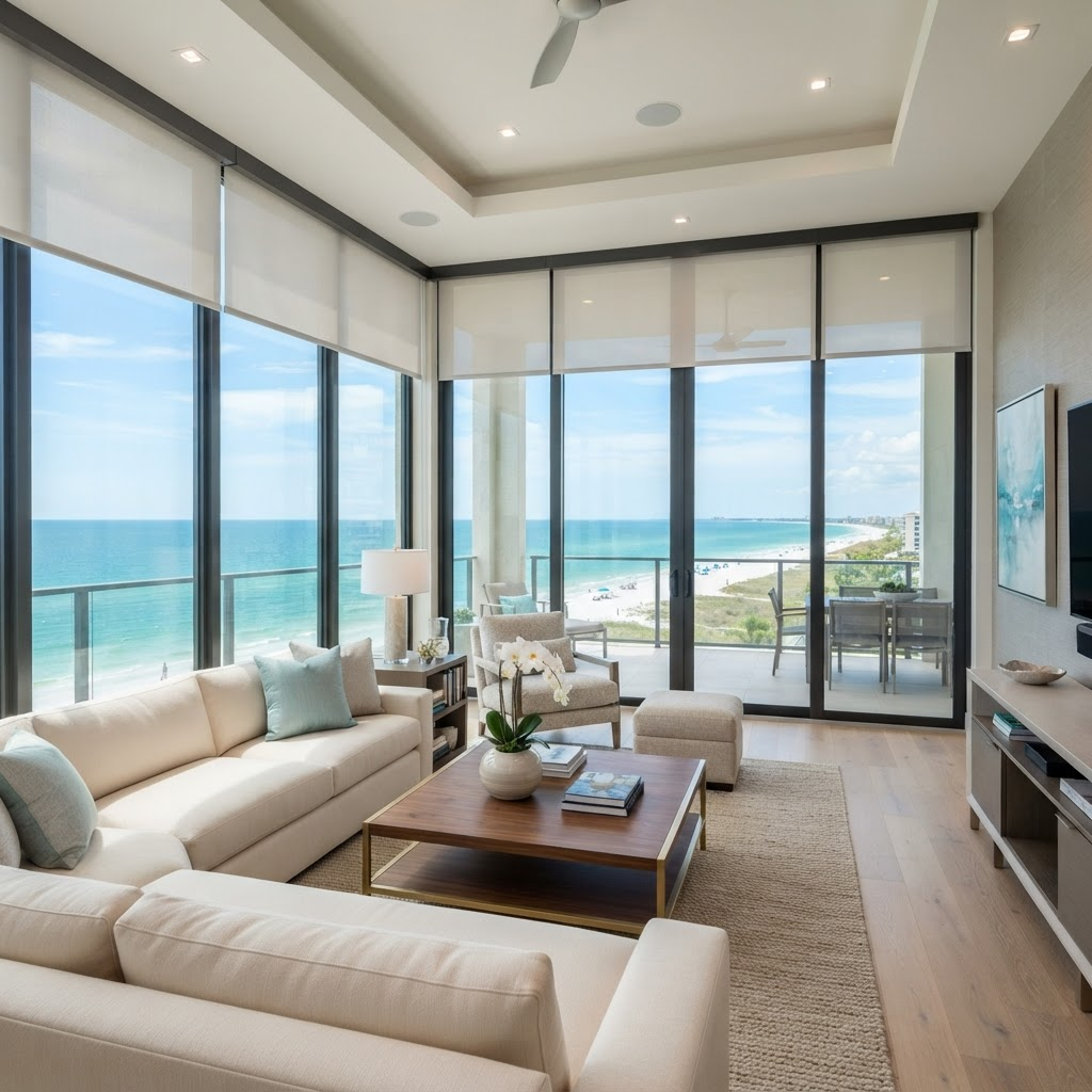 Gulf-front high-rise condominium living room at The Water Club on Longboat Key with floor-to-ceiling glass and sweeping Gulf of Mexico views, dressed in motorized dual solar and blackout roller shades