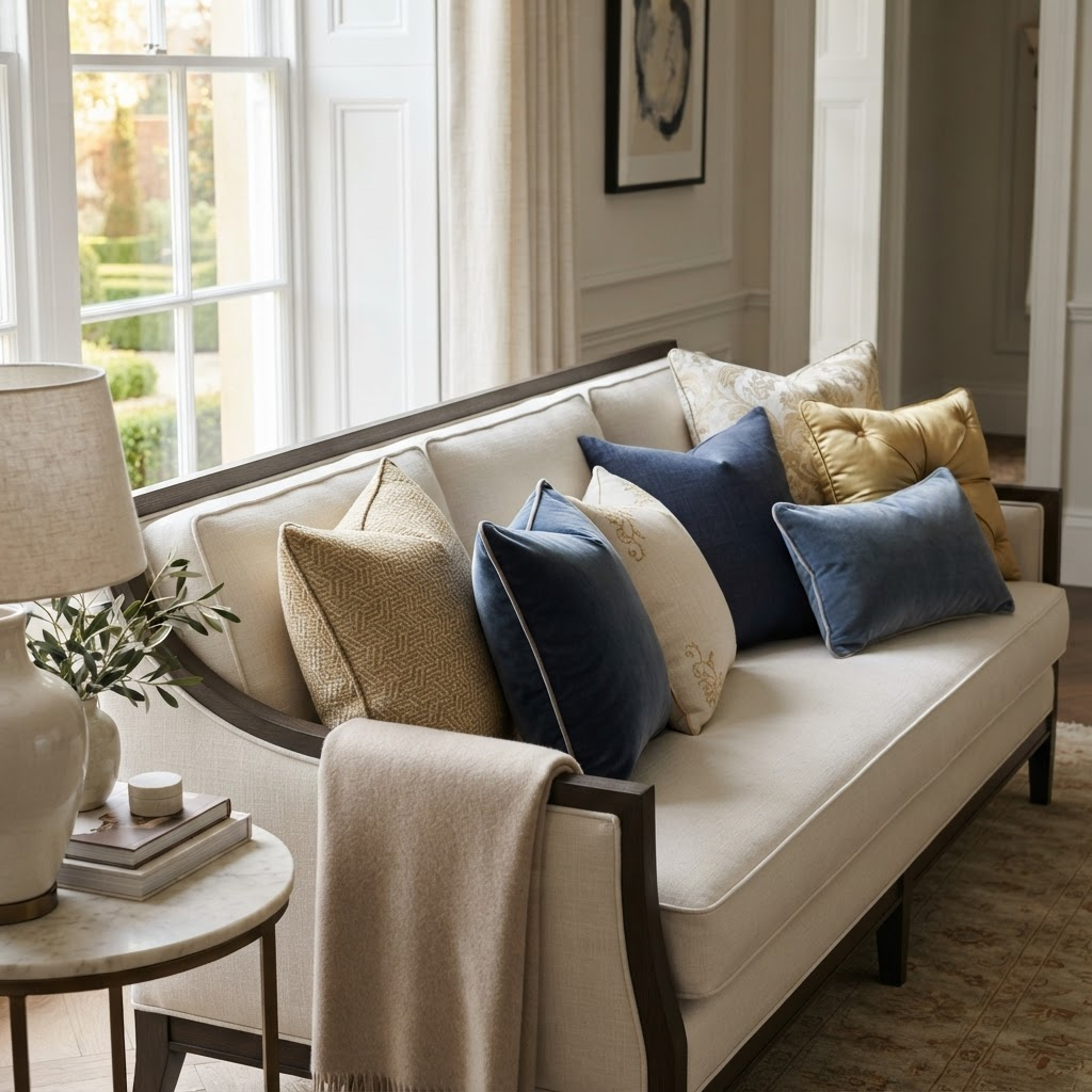 Custom decorative throw pillows in designer fabrics styled on a sofa