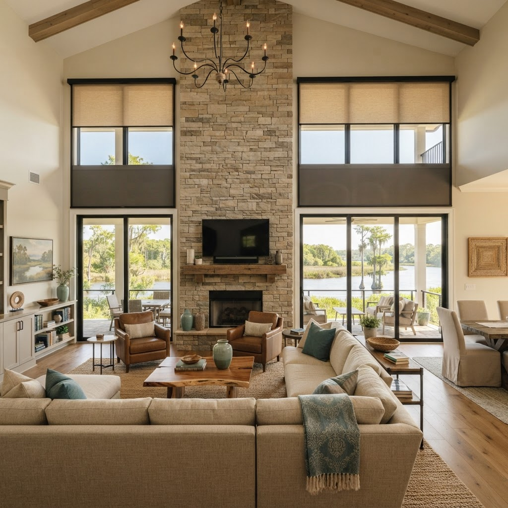 Great room in a large-acreage home in the Twin Rivers community along the Manatee River near Parrish with tall windows overlooking the river and preserved land, dressed in motorized roller shades and solar shades