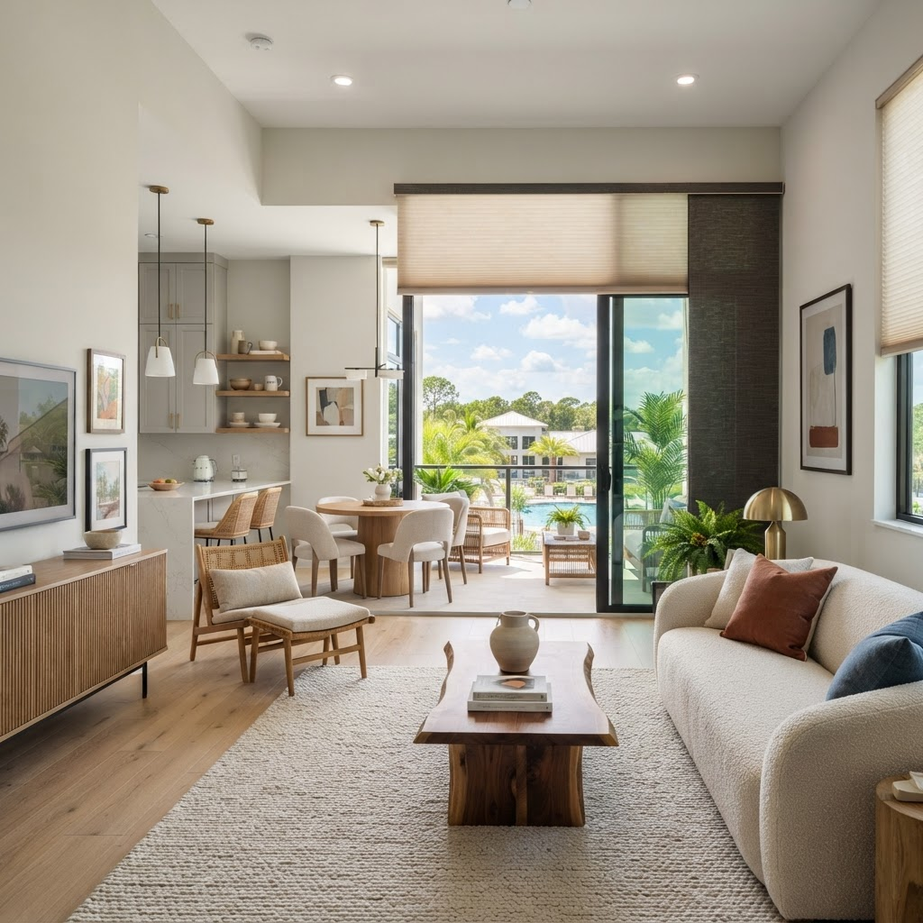 Updated condominium living space in Vintage Grand on Palmer Ranch with a sliding glass door to a balcony, dressed in cordless cellular shades and a roller shade