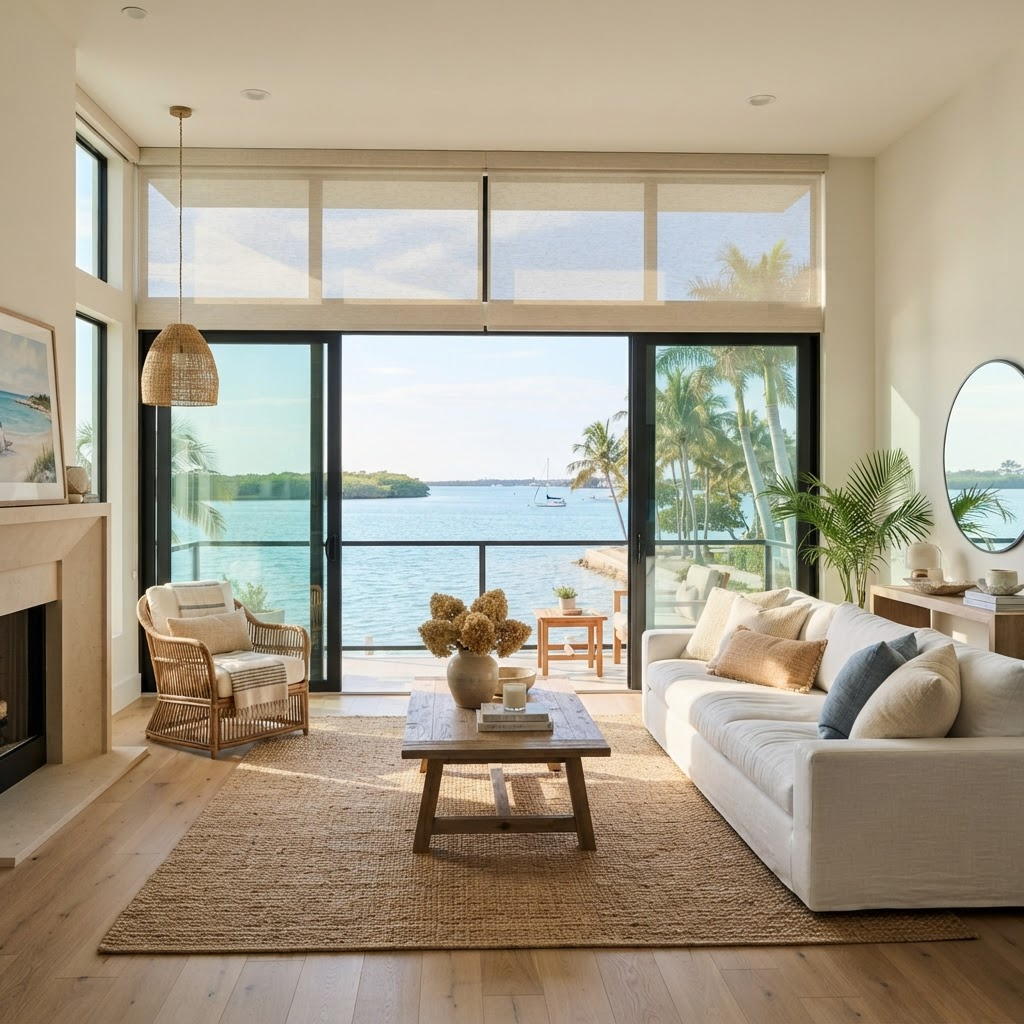 Waterfront living room with solar shades lowered to cut glare while preserving an open bay view