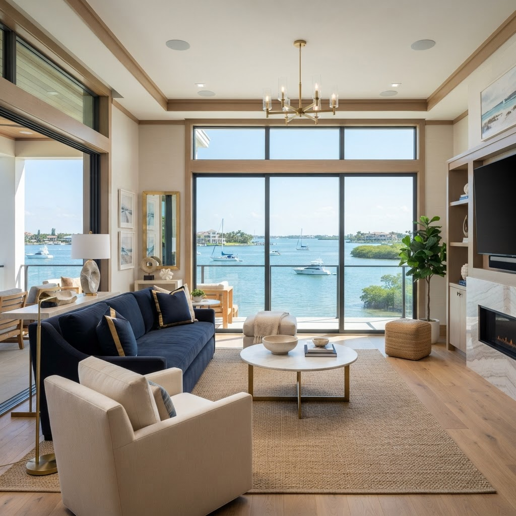 Luxury waterfront living room on a Sarasota barrier island with impact-rated floor-to-ceiling windows and sliding doors overlooking the bay