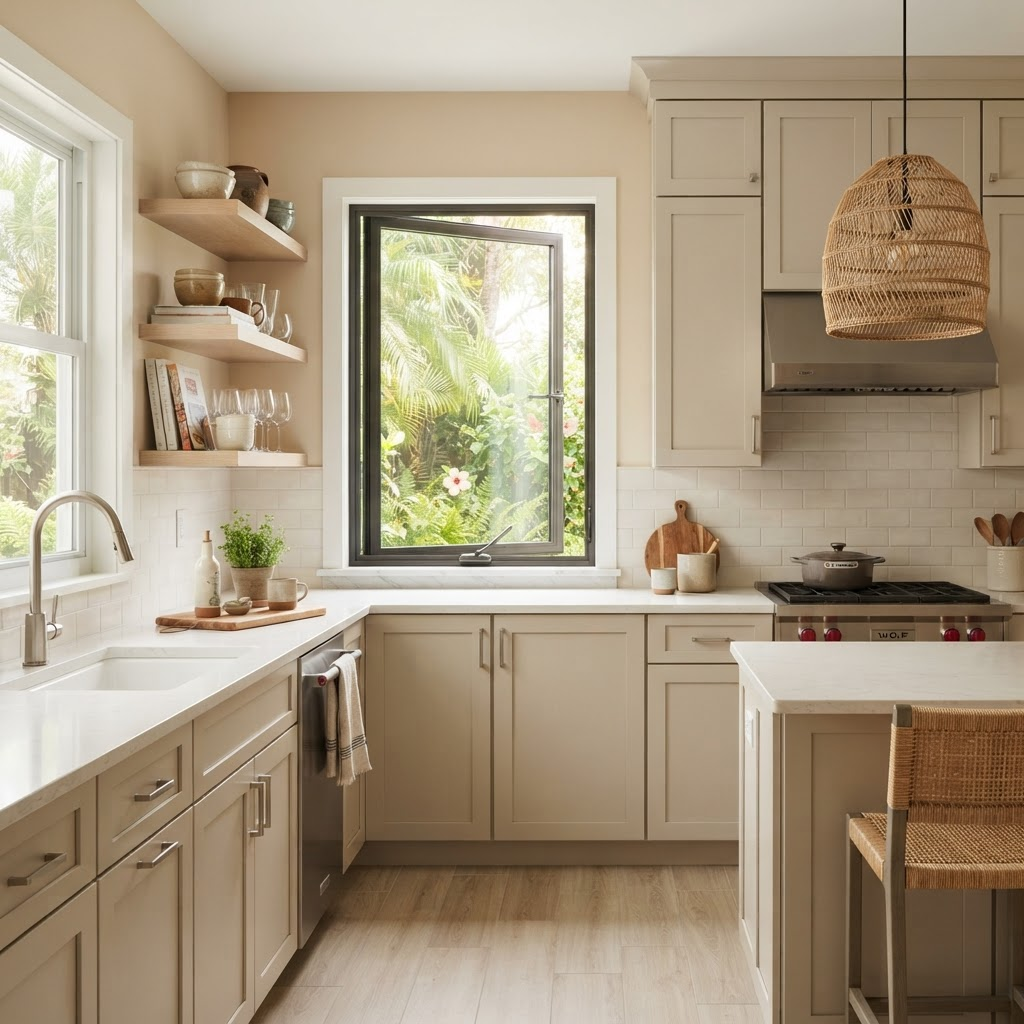 Florida kitchen with a crank-operated casement window opened outward above the counter