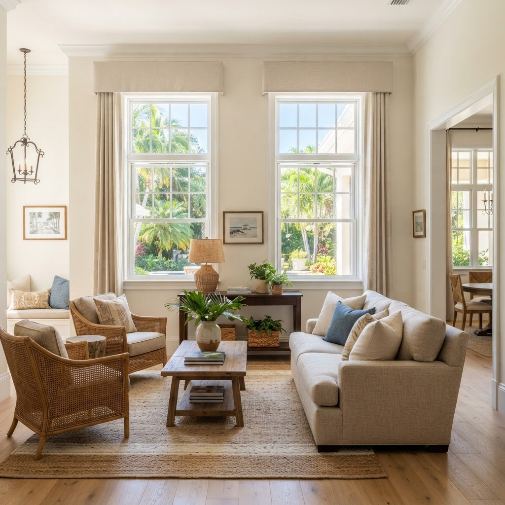 Florida interior with double-hung windows and divided-light grilles in bright daylight