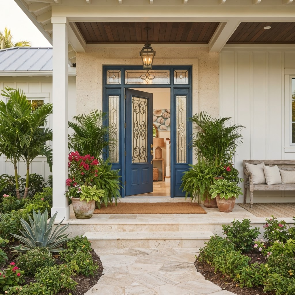Elegant Florida front entryway with an impact-rated entry door and glass sidelights