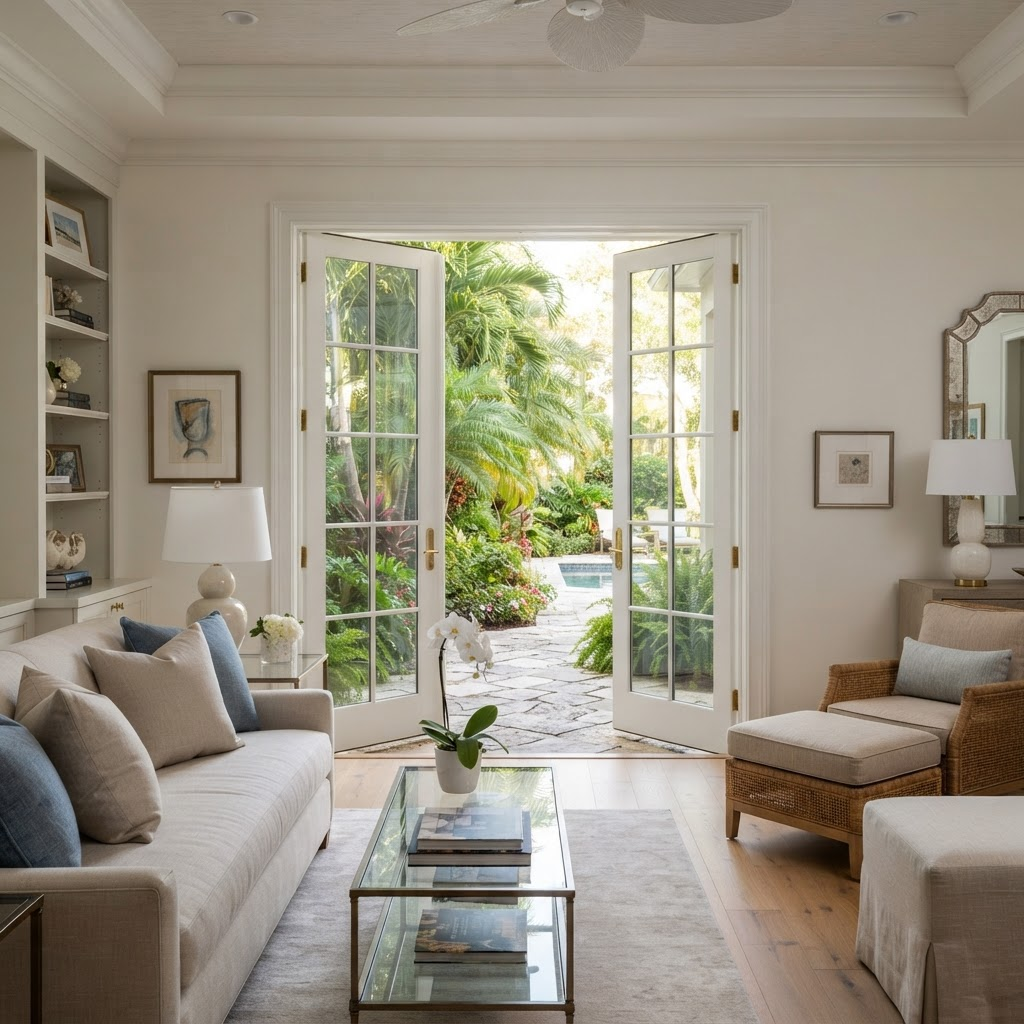 Elegant Florida interior with a pair of impact-rated French doors opening to a garden patio