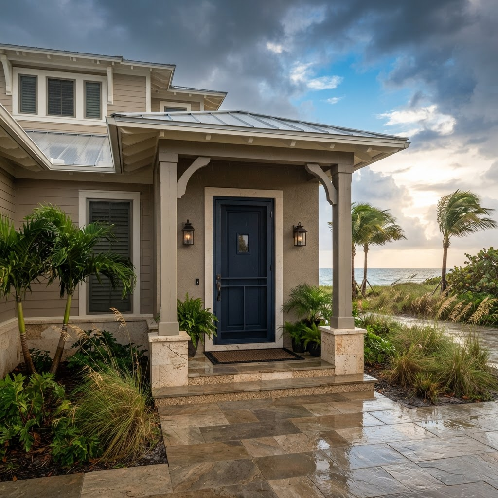Florida home exterior with a heavy-duty impact-rated hurricane door under a clearing storm sky
