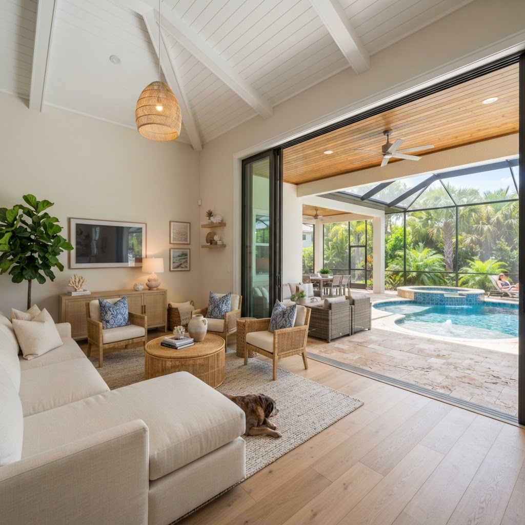 Florida family room opening through impact-rated patio doors to a covered lanai and pool