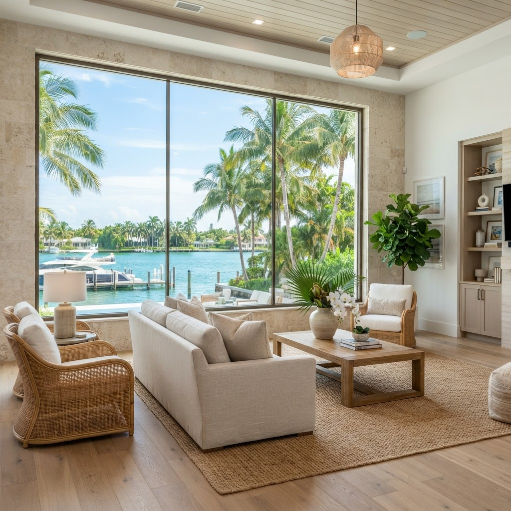 Florida living room with a large fixed picture window framing a water and palm view
