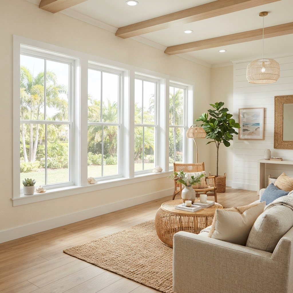 Bright Florida living room with newly installed white-framed replacement windows