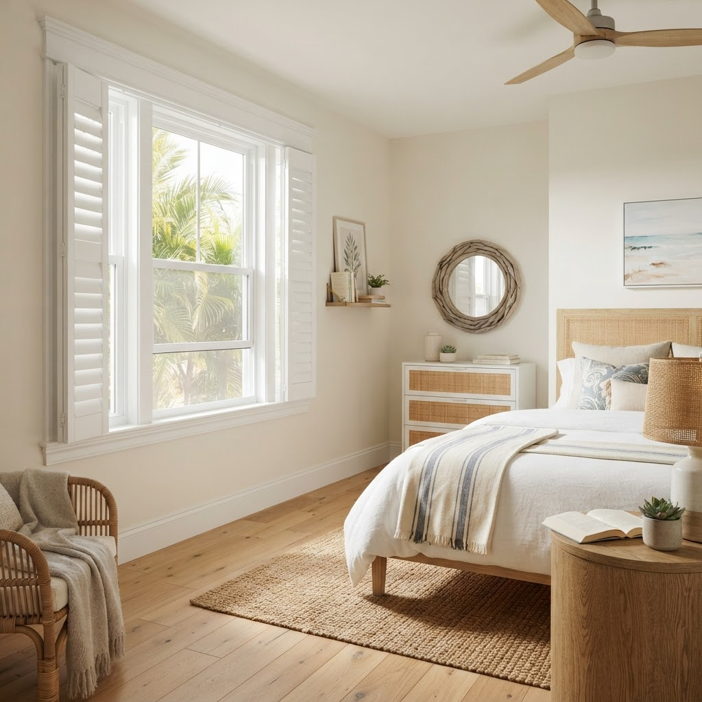 Florida bedroom with single-hung windows and white frames in soft morning light
