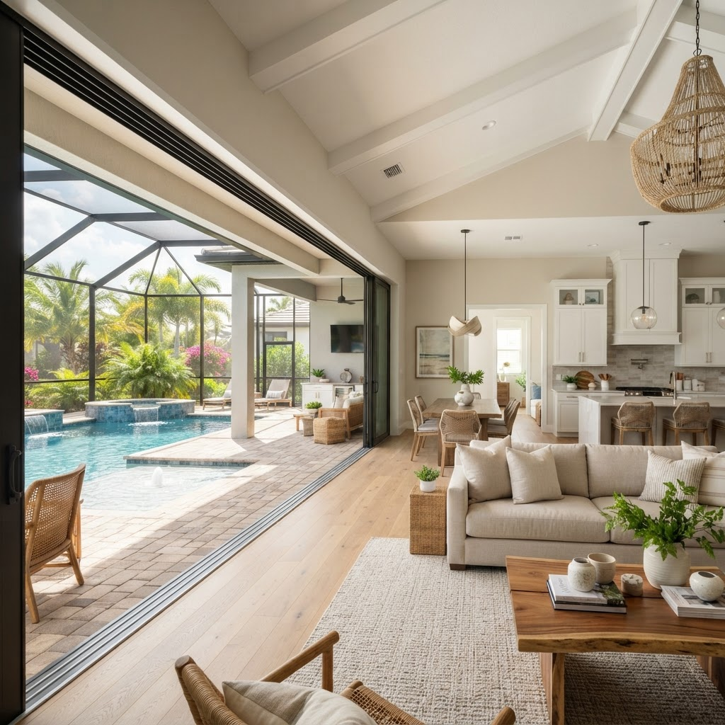 Florida living room with a wide impact-rated sliding glass door wall open to a pool lanai