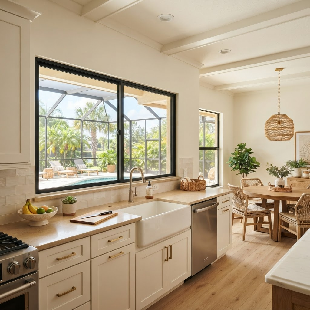 Florida interior with a horizontal sliding window opened above a counter with a patio view