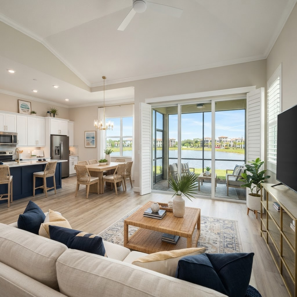 New-construction Skye Ranch Sarasota home interior with large windows and motorized shades overlooking preserve views