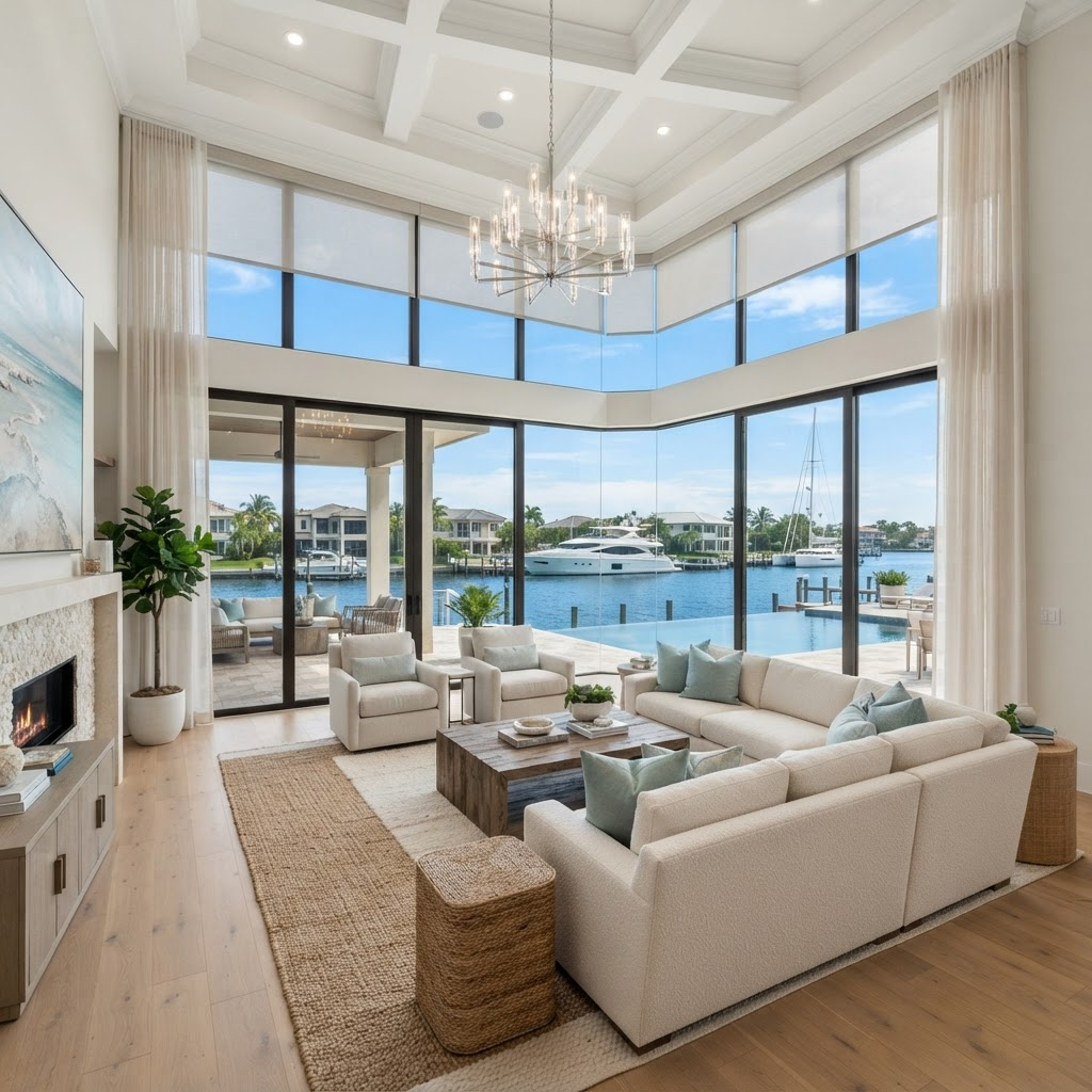 Luxury waterfront home living room in the exclusive gated Weston Pointe enclave of Bay Isles on Longboat Key, overlooking a deep-water lagoon and yachts, dressed in motorized sheer and solar shades