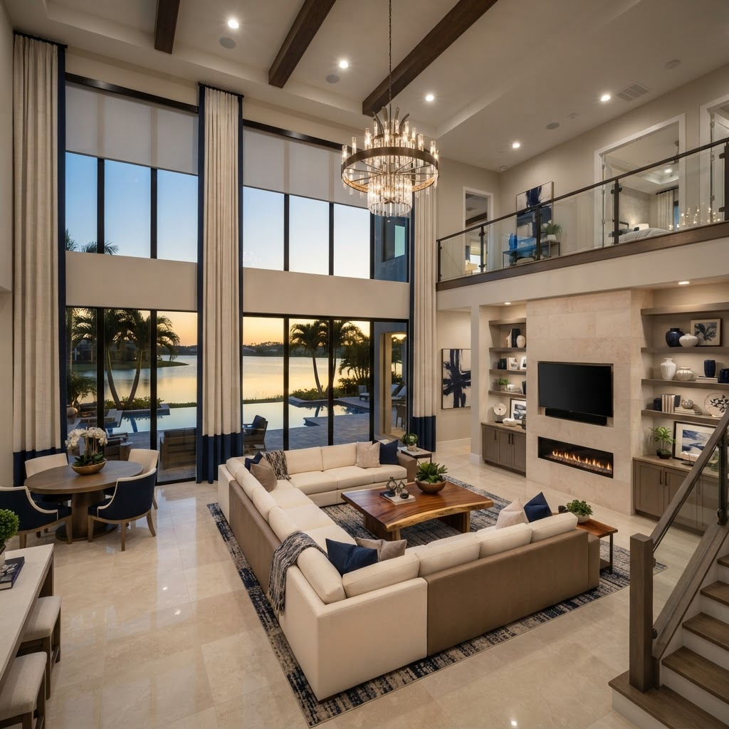 Luxury lakefront estate great room in Wild Blue at Waterside, Lakewood Ranch, with soaring two-story windows, custom drapery, and motorized shades overlooking a large lake