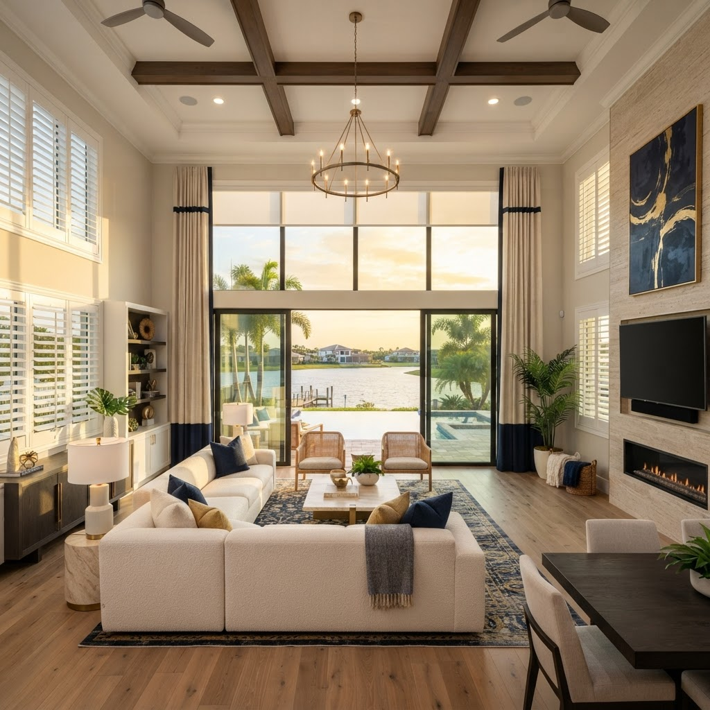 Luxury Southwest Florida community home with custom window treatments
