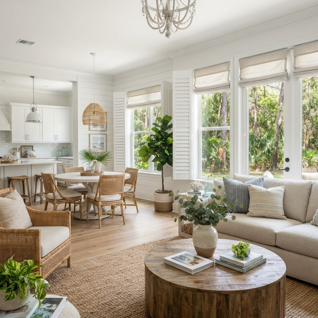 Open-concept living and dining area in Willowbrook on Palmer Ranch with large windows and preserve views, dressed in white plantation shutters and a roller shade