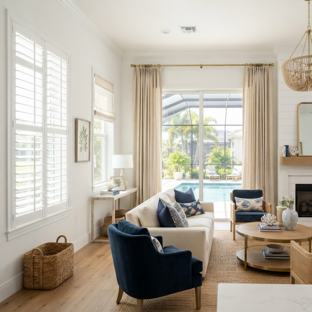 Bright Florida living room showing plantation shutters, roller shades, and drapery together in one open space