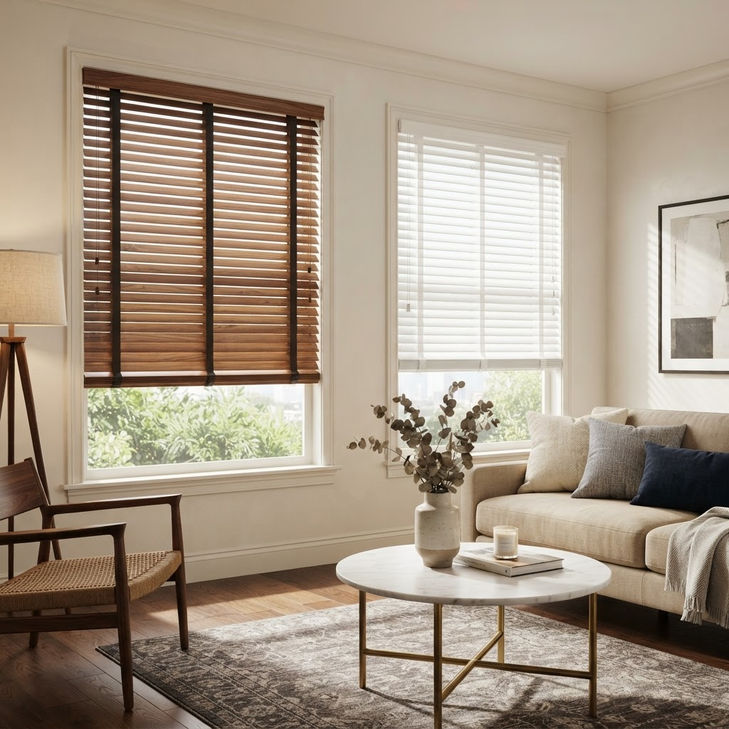 Real wood blinds beside faux wood blinds with wide slats tilted to filter light